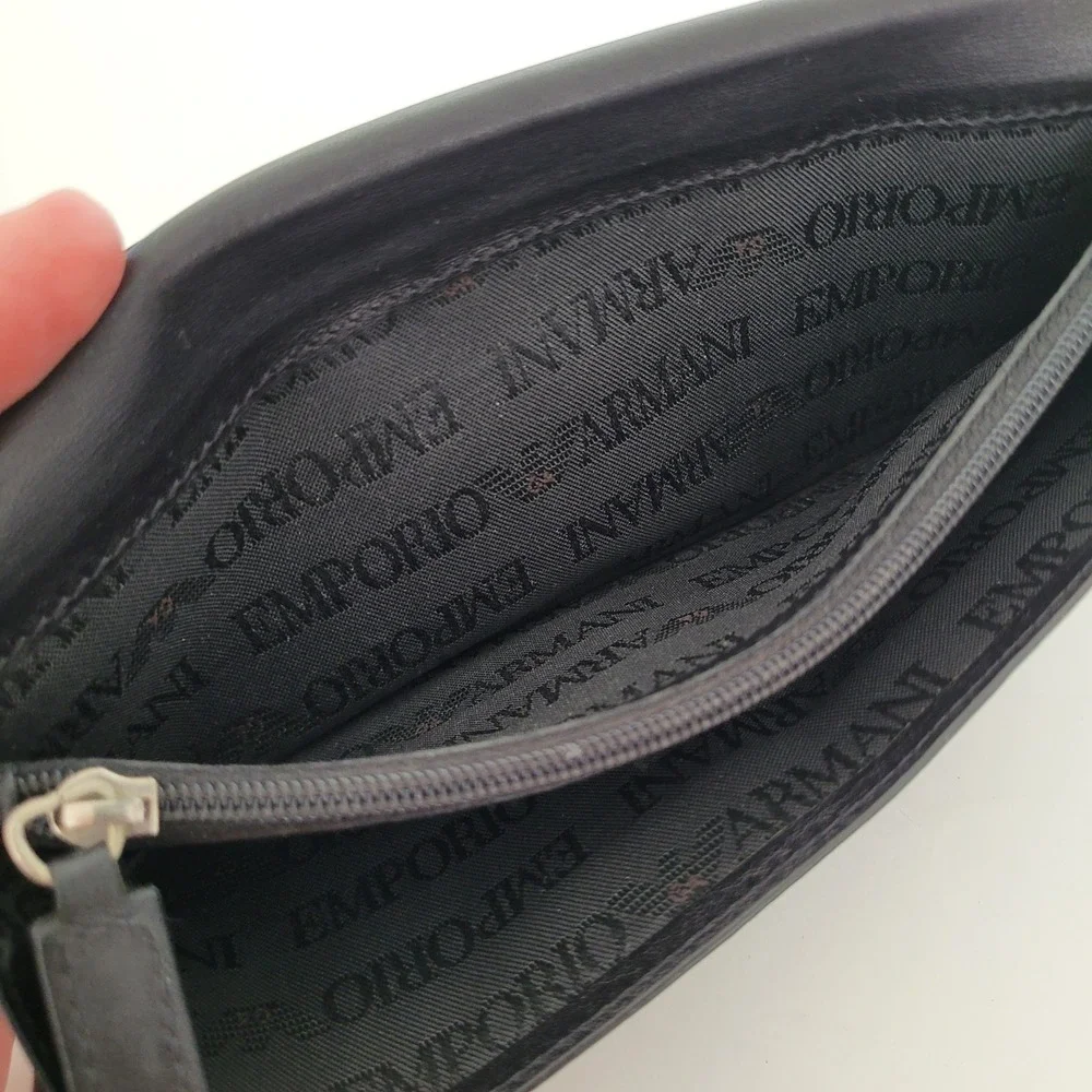 Emporio Armani Black Leather Long Bifold Wallet Embossed Eagle Logo Italy